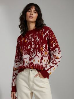Outzidr - Women Maroon All Over Floral Printed Sweater
