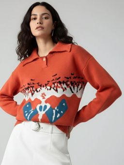 Outzidr - Women Orange Collared Printed Single Button Sweater