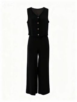 Outzidr - Women's Black Sleeveless Front Button Co-Ord Set