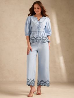 Outzidr - Women's Blue Contrast Schiffli Regular Fit Co-Ord Set