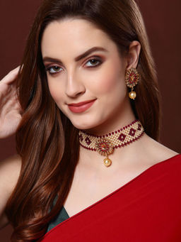 PANASH - Gold-Plated Pearls Beaded Stoned-Studded Choker Jewellery Set