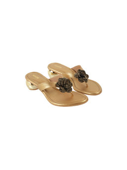Mochi - Women Antique Gold Open Casual Slides Block Heels