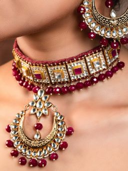 AG'S - Ruby Stoned Gold Plated Pachi Kundan Set