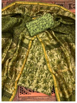 Palash - Green Hand Block Printed Chanderi Unstitched Top with Bottom and Dupatta (Set of 3)