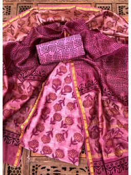 Palash - Pink Hand Block Printed Chanderi Unstitched Top with Bottom and Dupatta (Set of 3)