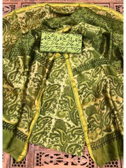 Palash - Green Hand Block Printed Chanderi Unstitched Top with Bottom and Dupatta (Set of 3)