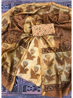 Palash - Brown Hand Block Printed Chanderi Unstitched Top with Bottom and Dupatta (Set of 3)