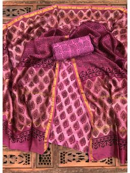 Palash - Pink Hand Block Printed Chanderi Unstitched Top with Bottom and Dupatta (Set of 3)
