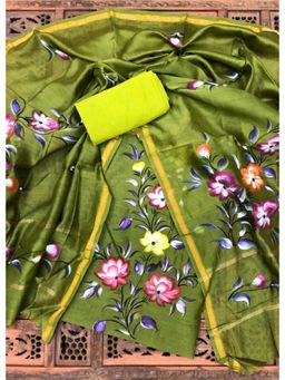 Palash - Green Hand Painted Chanderi Unstitched Top with Bottom and Dupatta (Set of 3)