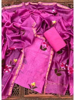 Palash - Pink Hand Painted Chanderi Unstitched Top with Bottom and Dupatta (Set of 3)