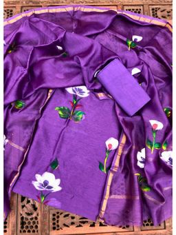 Palash - Purple Hand Painted Chanderi Unstitched Top with Bottom and Dupatta (Set of 3)