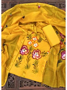 Palash - Yellow Hand Painted Chanderi Unstitched Top with Bottom and Dupatta (Set of 3)