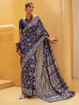 Akhilam - Womens Silk Blend Navy Blue Woven Design Designer Saree with Unstitched Blouse