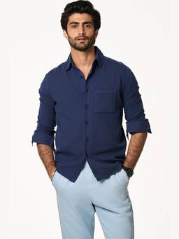 TERRA LUNA - Men Navy Blue Alto Lite Khadi Sporty Shirt