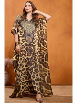LABEL AARNA - Leopard Couture Brown Soft Satin Kaftan Dress