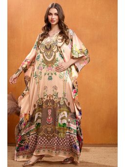 LABEL AARNA - Caramel Brown Bloom Soft Satin Kaftan Dress with Rhinestones