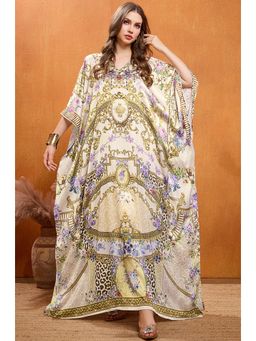 LABEL AARNA - Crown Cream Jewel Soft Satin Kaftan Dress with Rhinestones