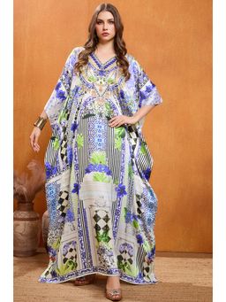 LABEL AARNA - Opal Palace Soft Satin Kaftan Dress with Rhinestones