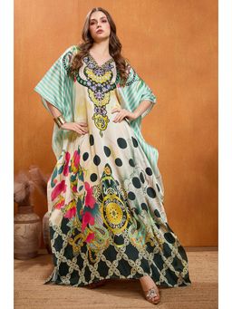 LABEL AARNA - Green Lagoon Soft Satin Kaftan Dress with Rhinestones