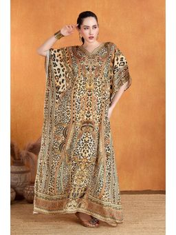 LABEL AARNA - Wild Jungle Soft Satin Kaftan Dress with Rhinestones