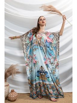 LABEL AARNA - Women Sapphire Petals Soft Satin Kaftan Dress with Rhinestones