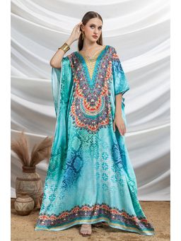 LABEL AARNA - Women Opulent Ocean Soft Satin Kaftan Dress with Rhinestones