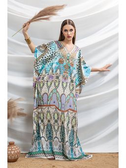 LABEL AARNA - Blue Women Celestial Feather Soft Satin Kaftan Dress