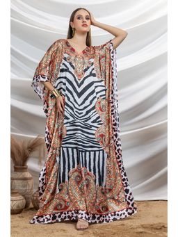 LABEL AARNA - Women Striped Spirit Soft Satin Kaftan Dress with Rhinestones