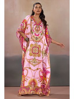 LABEL AARNA - Women Pink Ornate Mandala Soft Satin Kaftan Dress with Rhinestones Digital Print