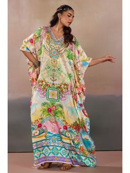 LABEL AARNA - Women Vintage Inspired Soft Satin Kaftan Dress with Rhinestone Digital Print