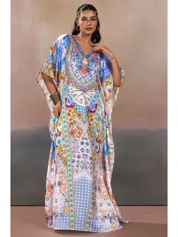 LABEL AARNA - Mediterranean Fantasy Blue Women Soft Satin Women Kaftan Dress