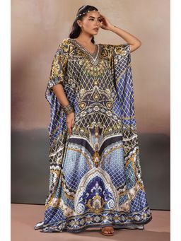 LABEL AARNA - Deep Blue Jewel Soft Satin Women Kaftan Dress