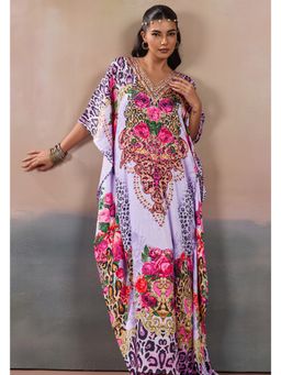 LABEL AARNA - Women Rose Tapestry Soft Satin Kaftan Dress with Rhinestone Digital Print