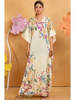 LABEL AARNA - Women Petal Flow Soft Satin Kaftan Dress with Rhinestone Digital Print