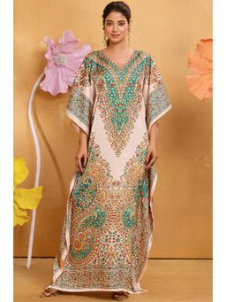 LABEL AARNA - Golden Beige Women Paisley Soft Satin Kaftan Dress