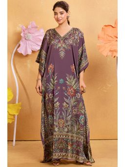 LABEL AARNA - Women Wine Grace Soft Satin Kaftan Dress with Rhinestone Digital Print