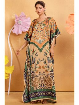 LABEL AARNA - Royal Glow Soft Satin Women Kaftan Dress With Rhinestone | Digital Print