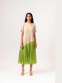 NEORA BY NEHAL CHOPRA - Ecru And Green Gather Dress