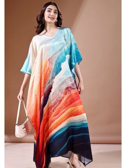 LABEL AARNA - Midnight Ocean Soft Satin Kaftan Dress With Digital Print