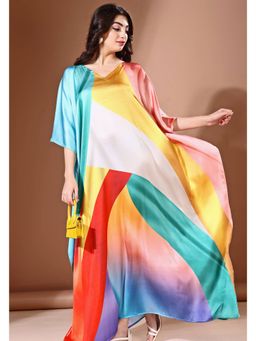 LABEL AARNA - Rainbow Mirage Soft Satin Kaftan Dress With Digital Print