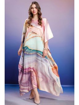 LABEL AARNA - Seashell Serenity Soft Satin Kaftan Dress With Digital Print