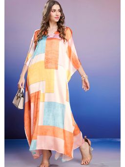 LABEL AARNA - Saffron Breeze Soft Satin Kaftan Dress With Digital Print