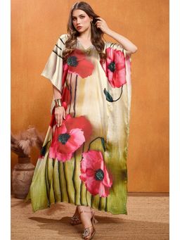 LABEL AARNA - Rosewood Flame Soft Satin Kaftan Dress With Digital Print