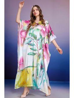 LABEL AARNA - Leafy Dawn Multicoloured Soft Satin Kaftan Dress