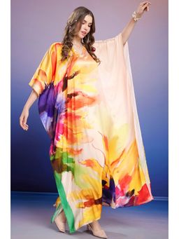 LABEL AARNA - Multicoloured Burst Soft Satin Kaftan Dress With Digital Print