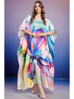 LABEL AARNA - Blue Petal Grace Soft Satin Kaftan Dress With Digital Print