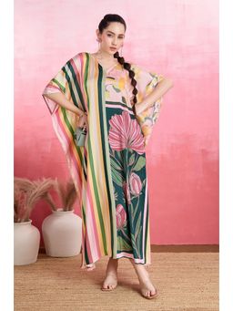 LABEL AARNA - Multicoloured Colorwoven Stripes Soft Satin Kaftan Dress
