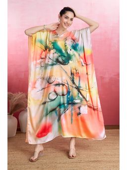 LABEL AARNA - Multicoloured Floral Fantasy Soft Satin Kaftan Dress