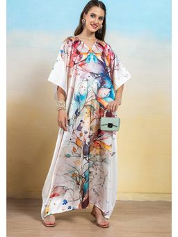 LABEL AARNA - Enchanted Meadow White Women Soft Satin Kaftan Dress