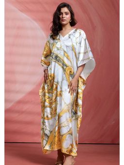 LABEL AARNA - Golden White Women Ornate Soft Satin Kaftan Dress